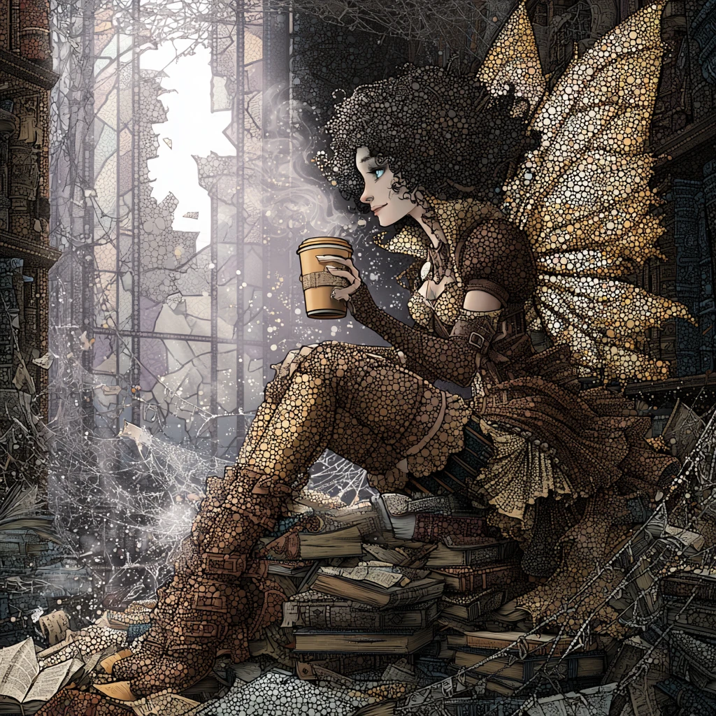 Steampunk fairy enjoying coffee in a gothic library