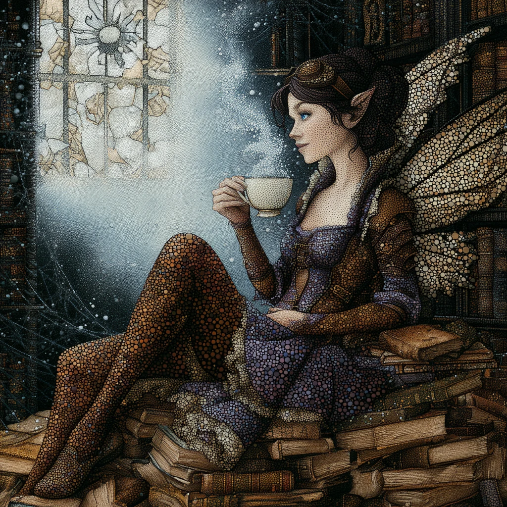 Steampunk fairy sipping coffee atop ancient books in library