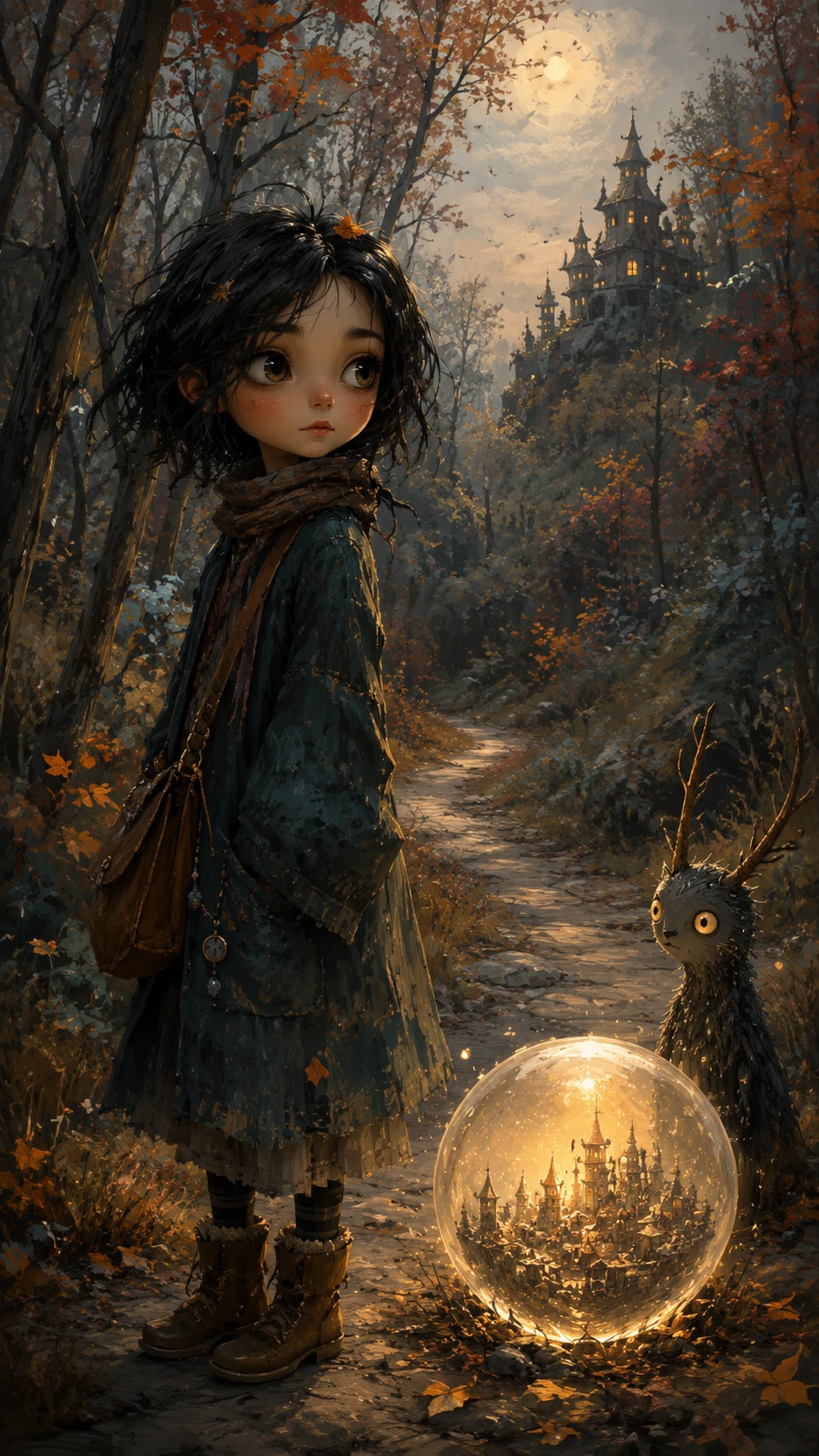 Niña en un sendero del bosque con un orbe brillante