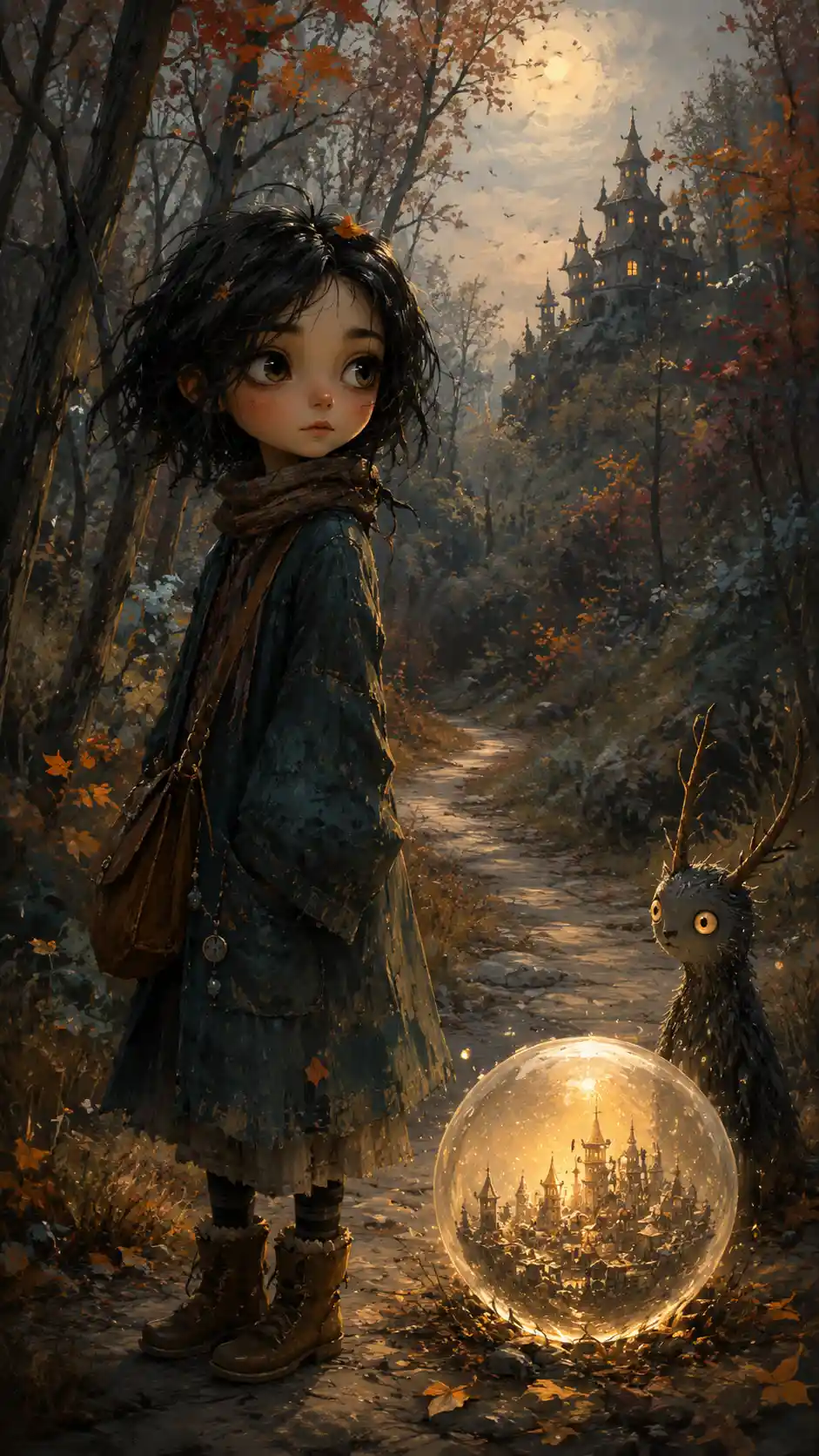 Giovane ragazza su un sentiero nel bosco con un globo luminoso