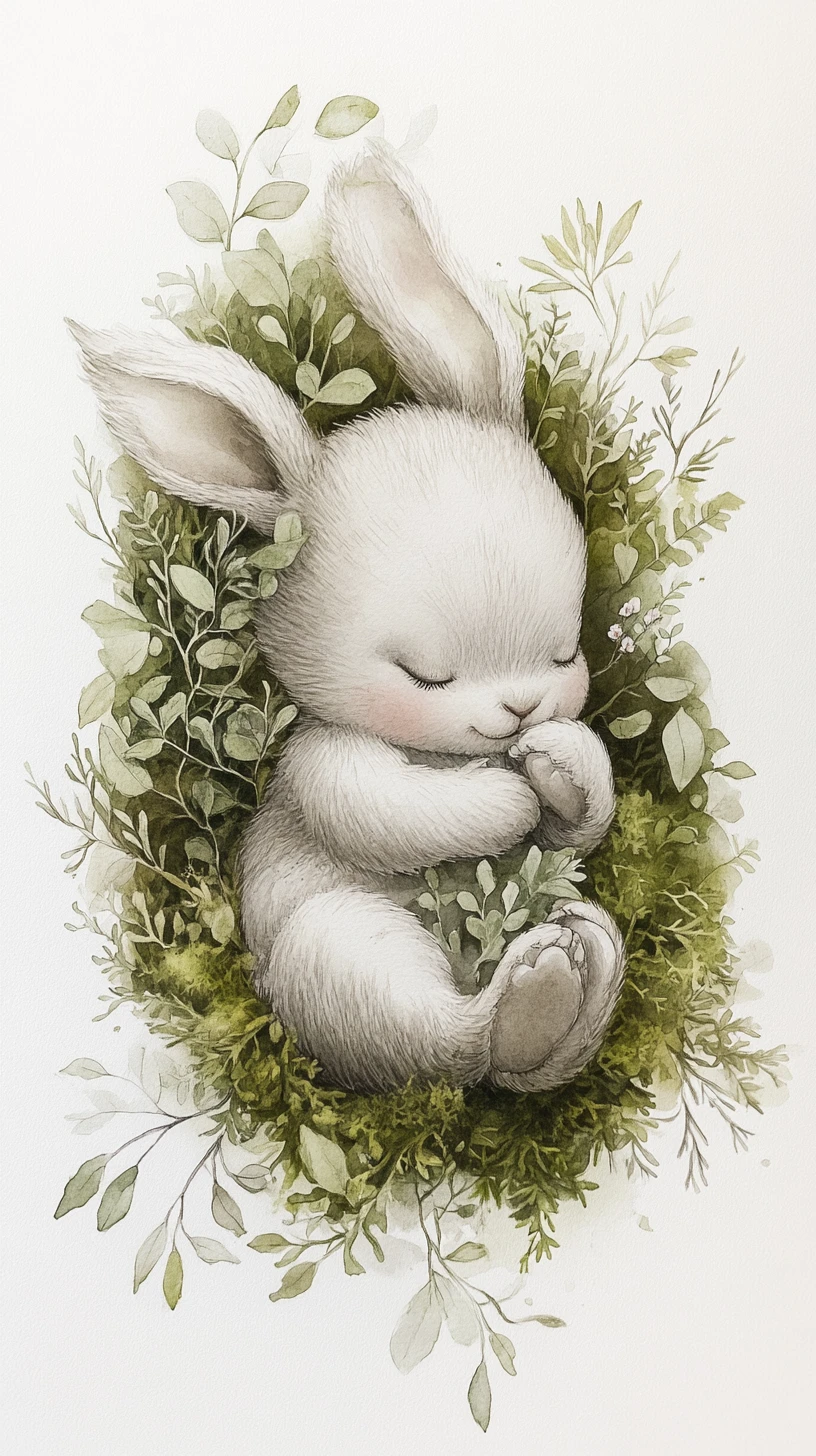 Whimsical Bear Rabbit Hybrid Curled On Mossy Forest Floor