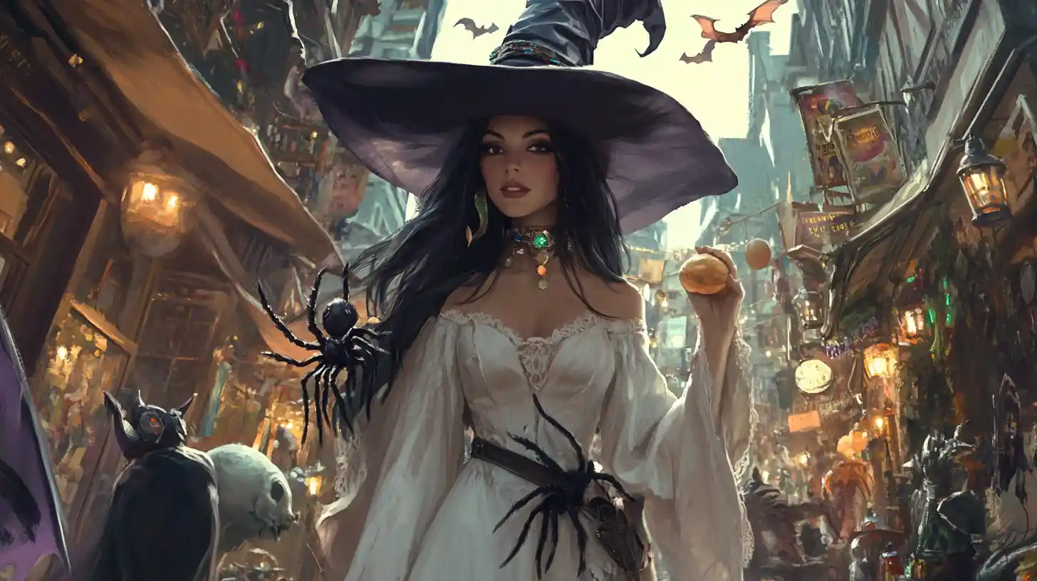 Tall white witch walking through a crowded magic market