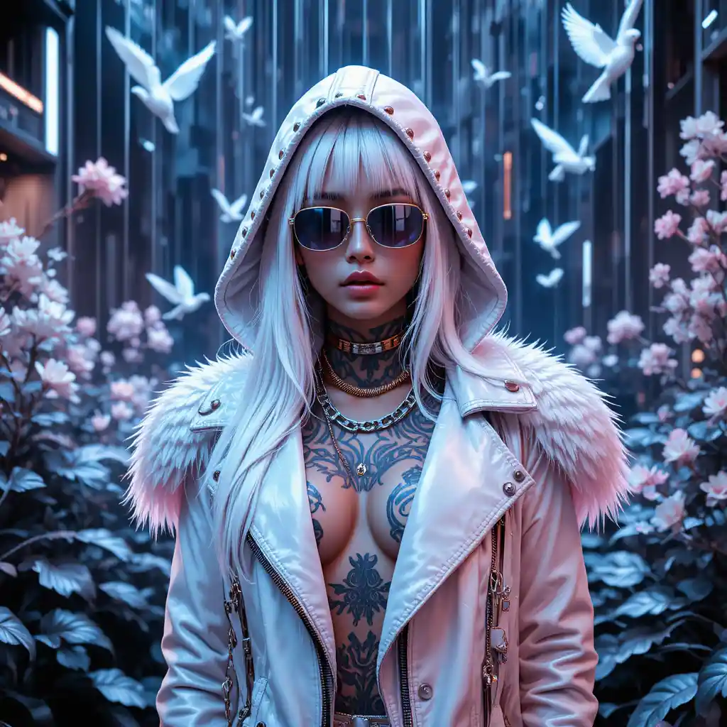 Cinematic cyber noir portrait of a mysterious white haired woman
