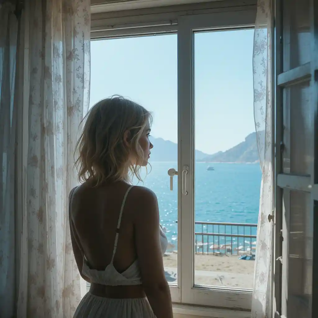 Silhouette of a woman behind curtain facing the sea