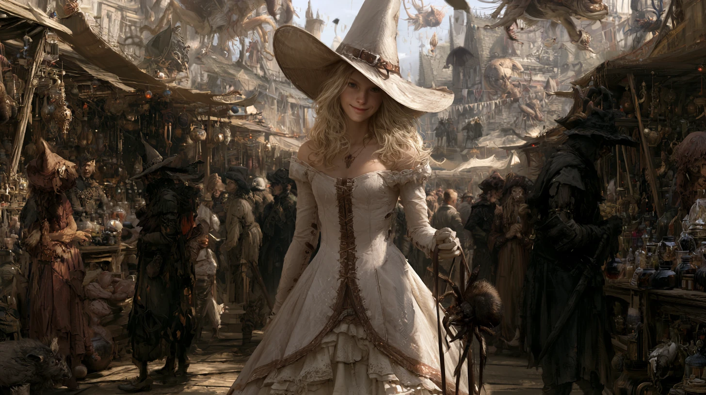 Elegant white witch walking through a crowded magic market