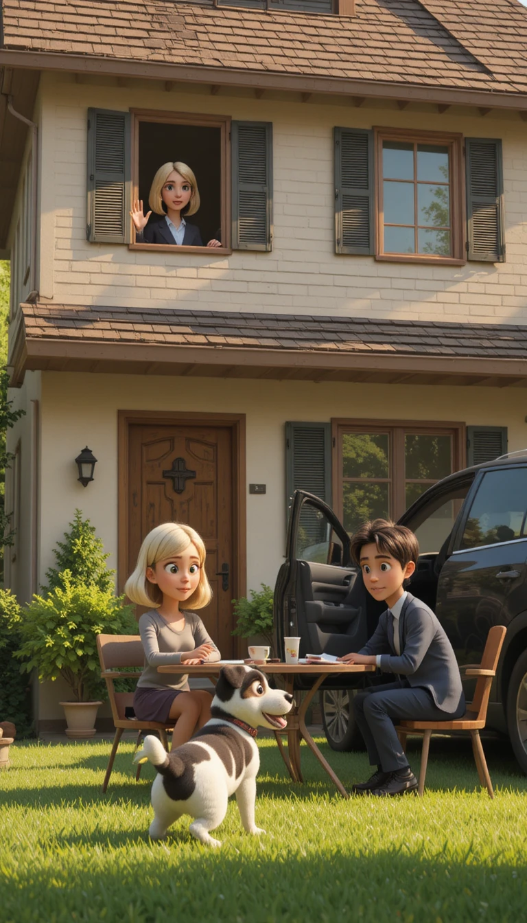 Family morning at a suburban duplex in 3d cartoon style