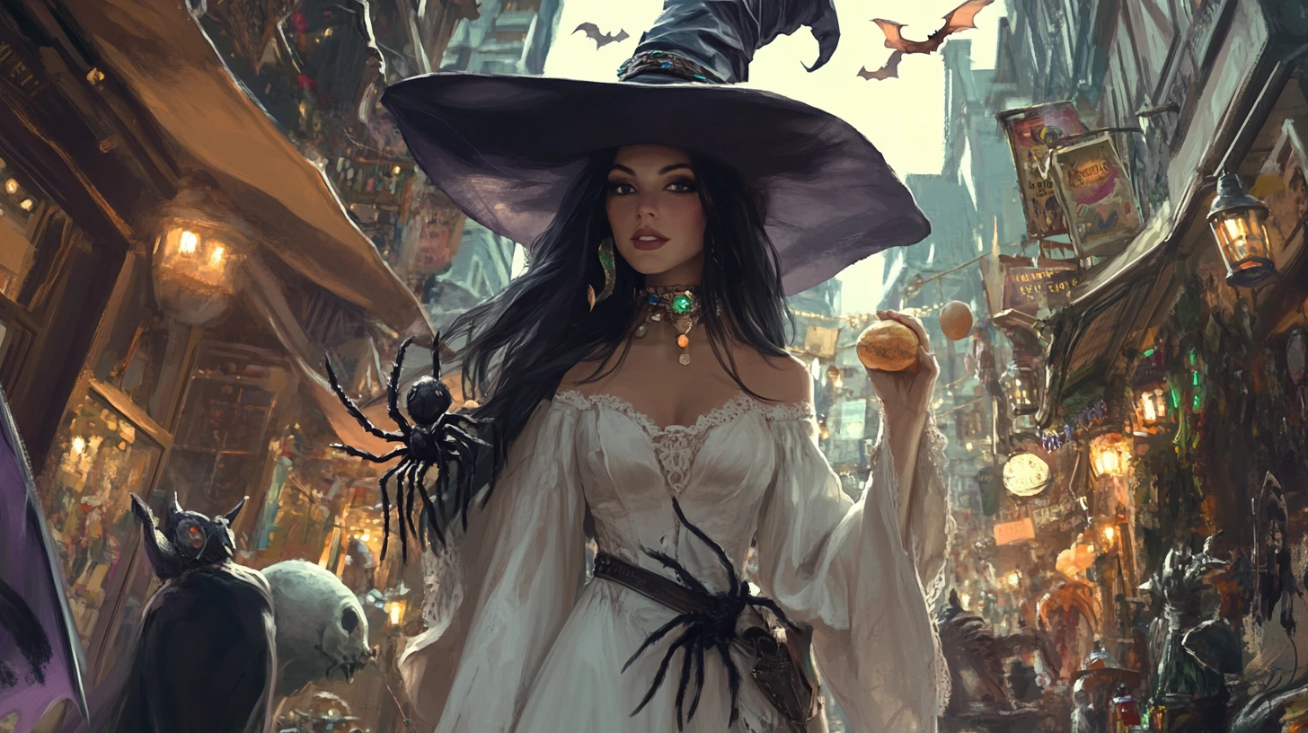 Tall white witch walking through a crowded magic market