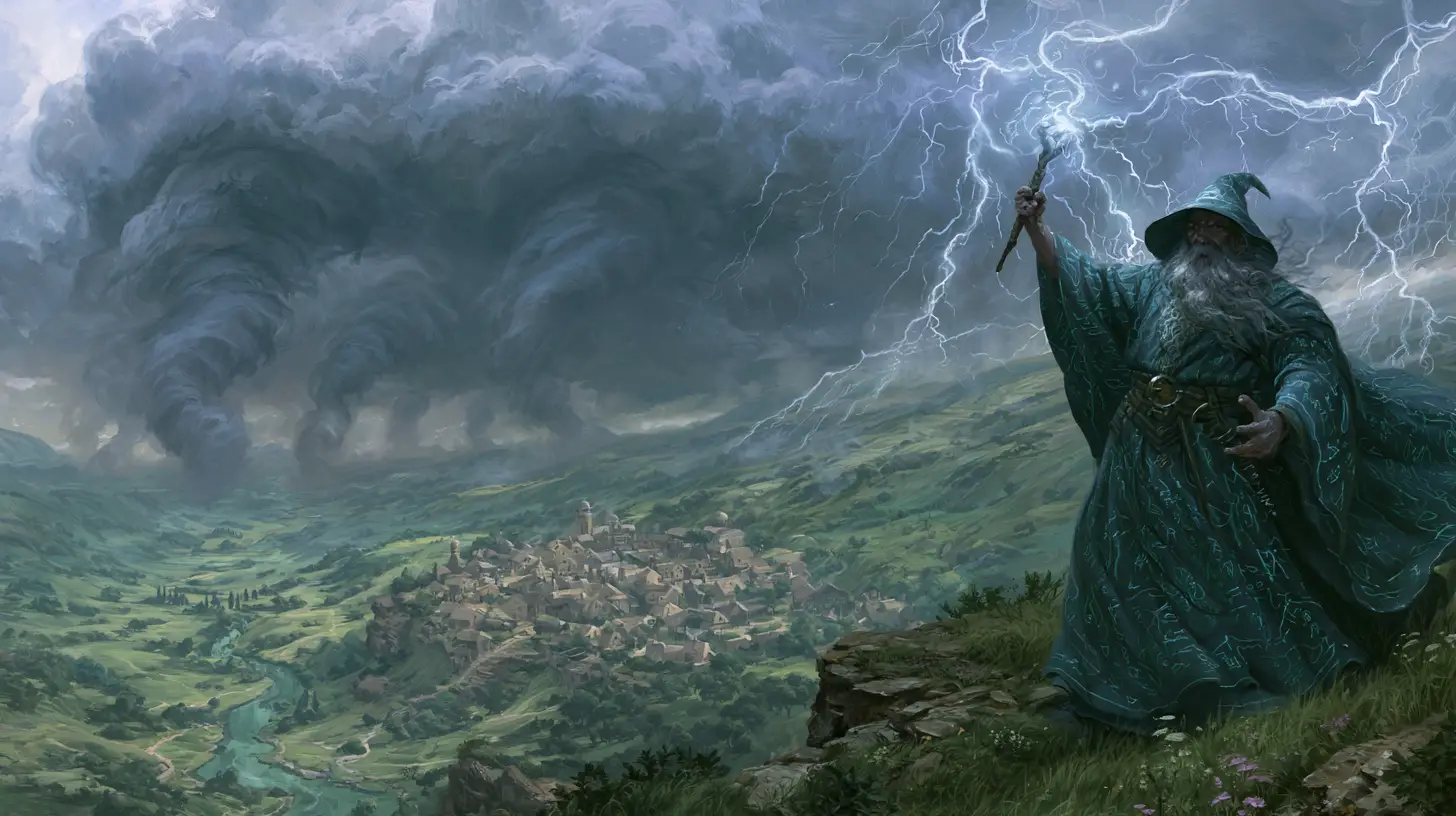 Evil wizard summoning a storm above a distant valley