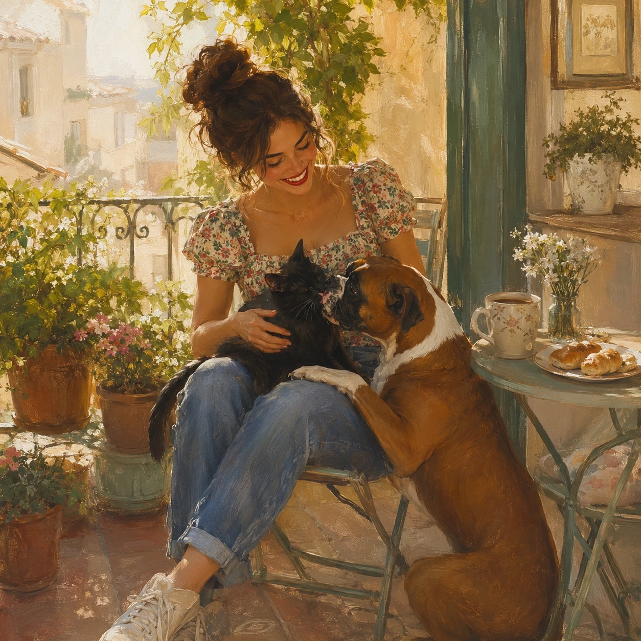 Smiling girl with cat and dog on cozy home terrace