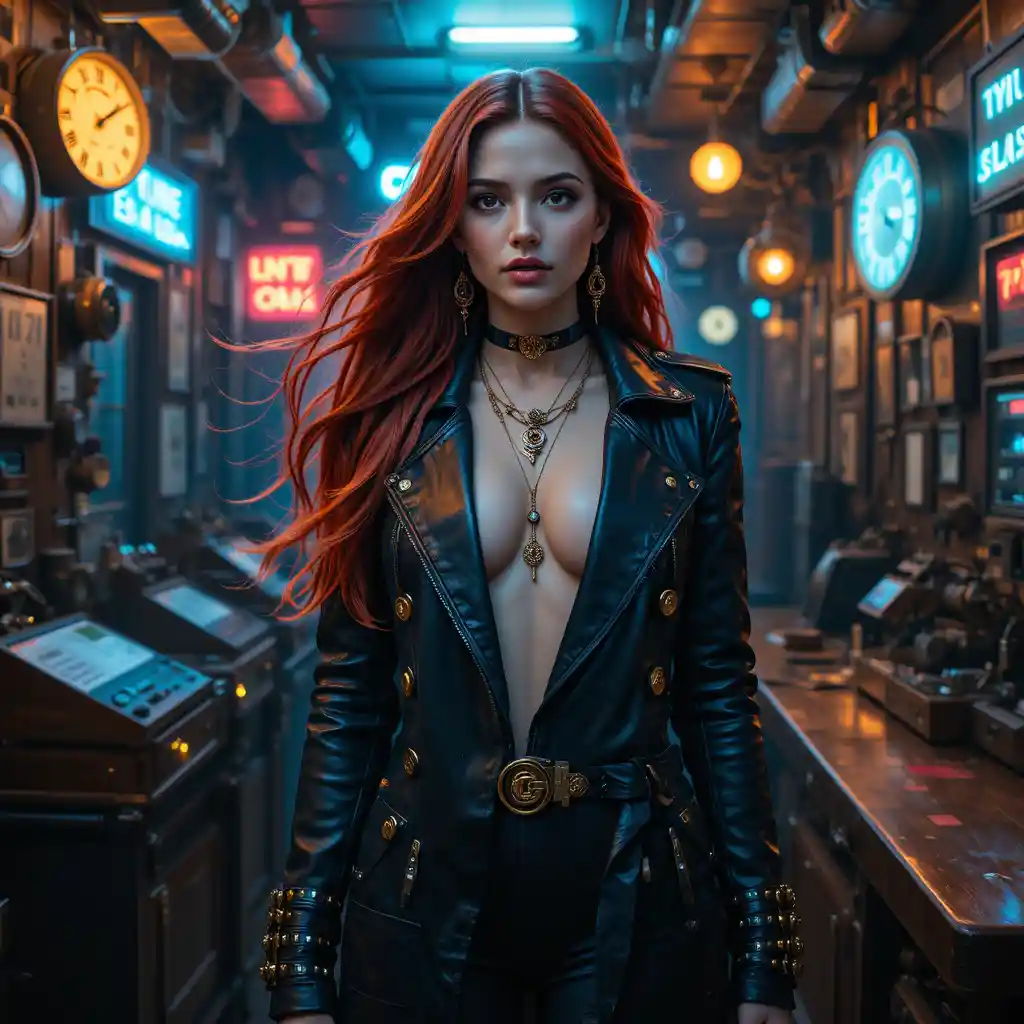 Red haired femme fatale in neon lit vinyl speakeasy
