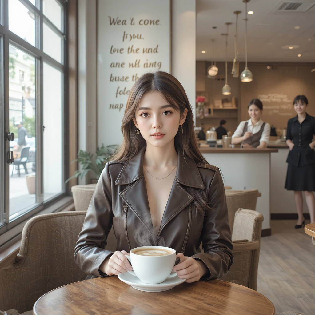 갈색 원피스를 입은 소녀가 아늑한 카페에서 휴식을 취하는 모습
