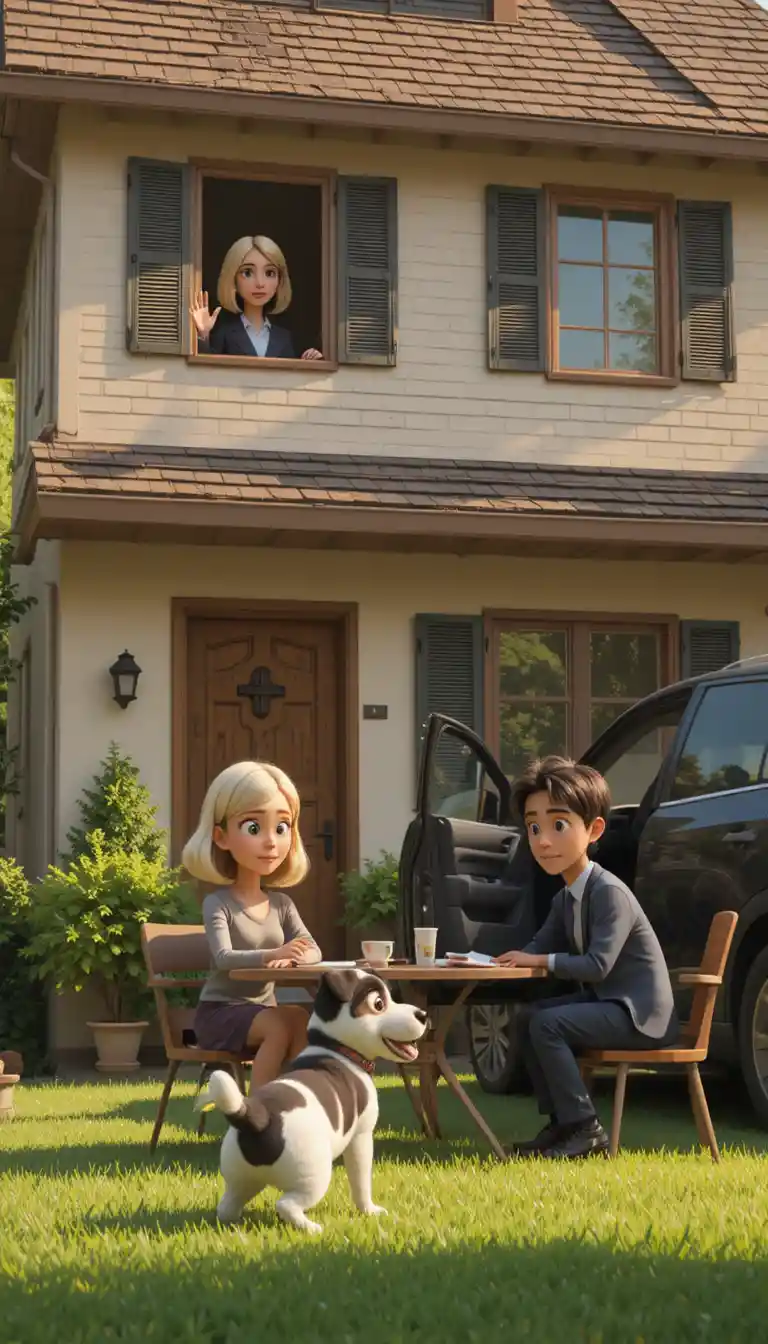 Family morning at a suburban duplex in 3d cartoon style
