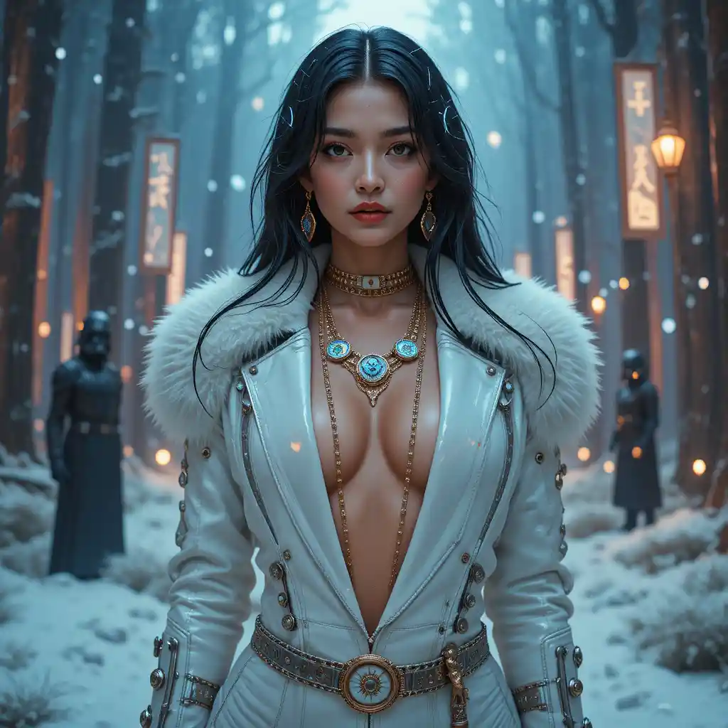 Cinematic portrait of a futuristic woman in white armor