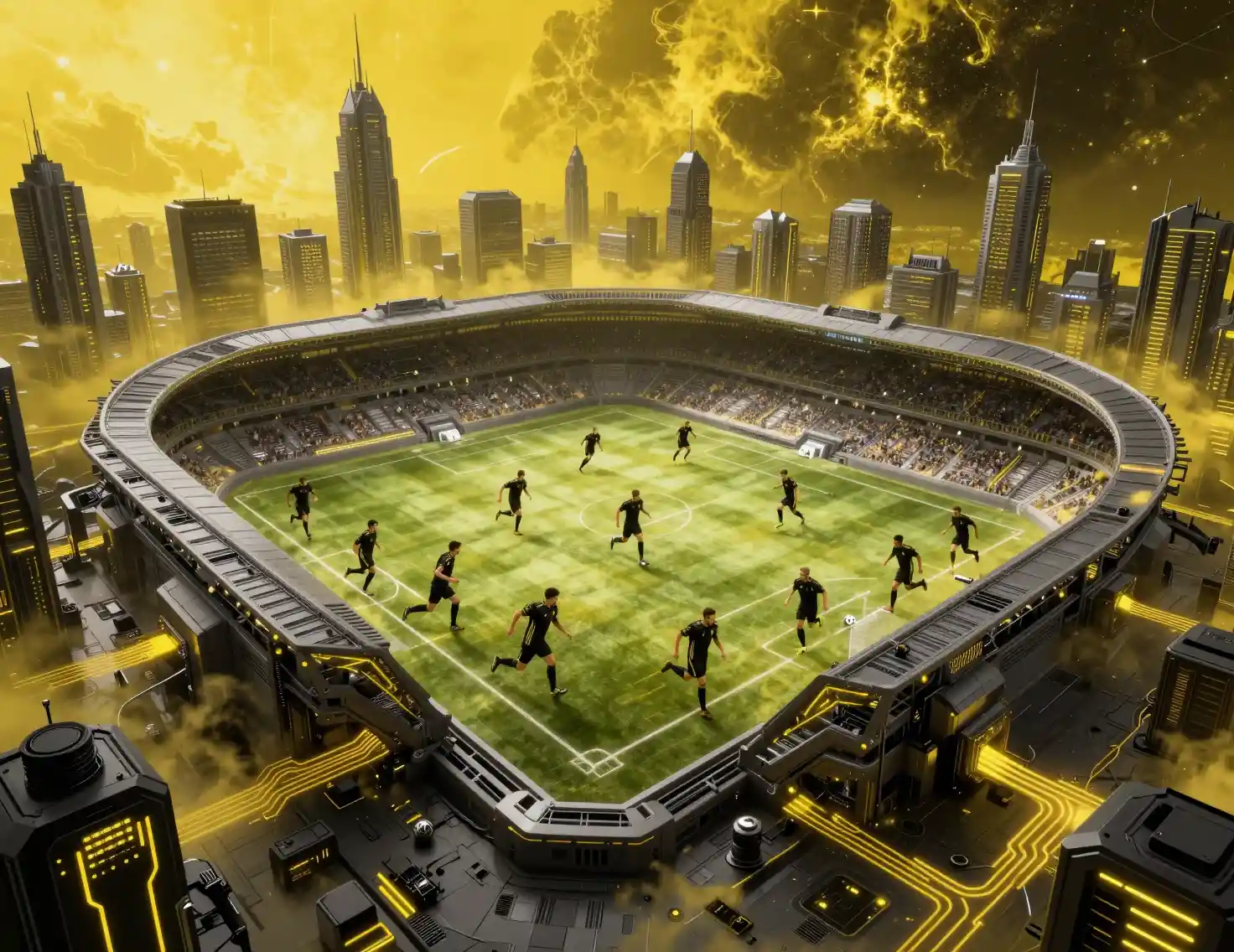 Futuristic soccer players sprinting in a neon sci fi megacity
