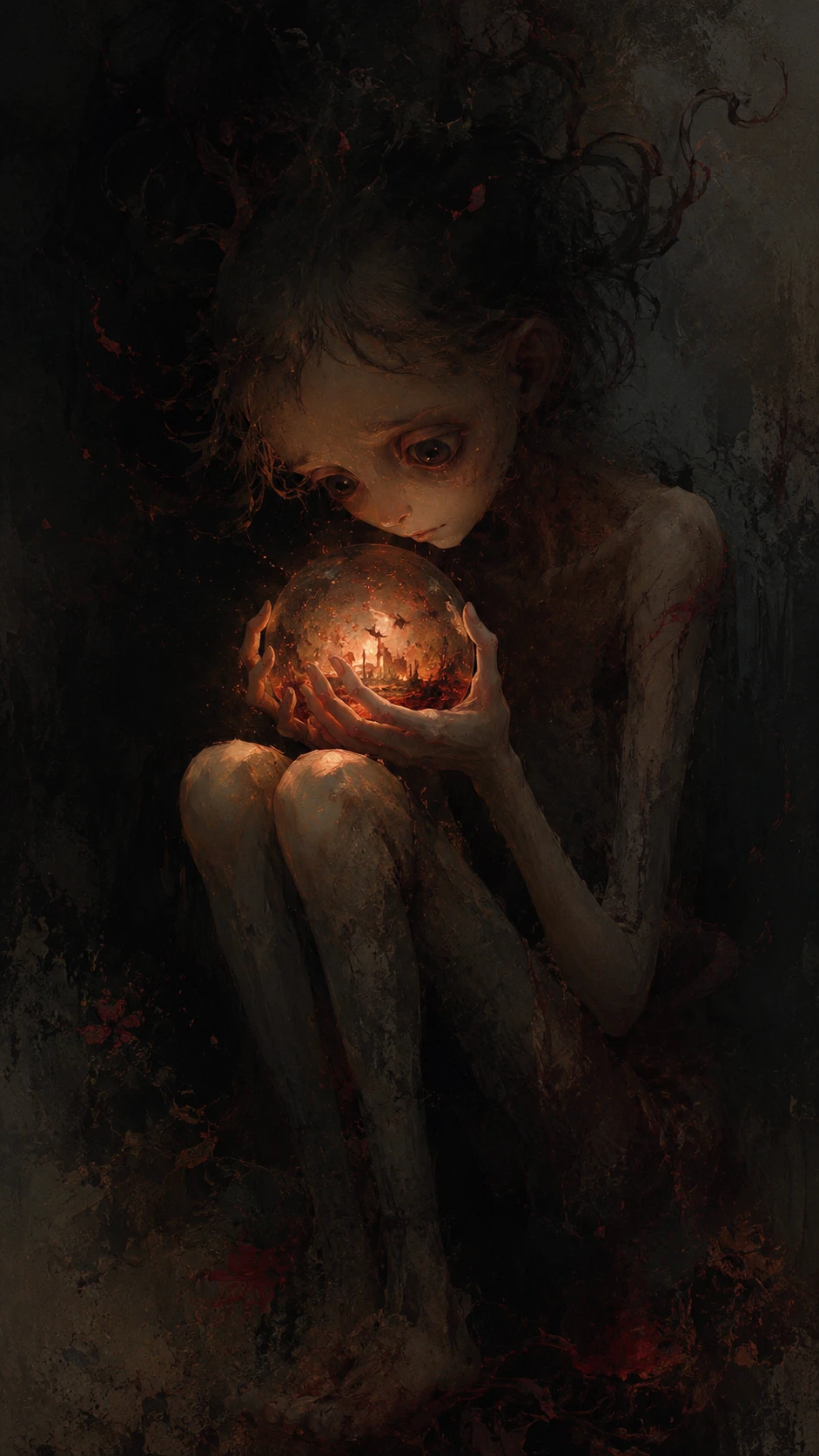 Thin figure holding a glowing ember in darkness