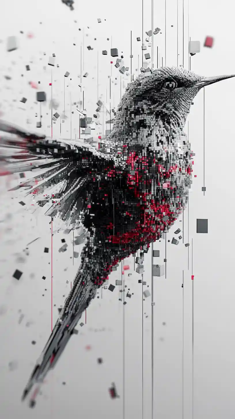 Architectural bird formed from grayscale structures and color voxels