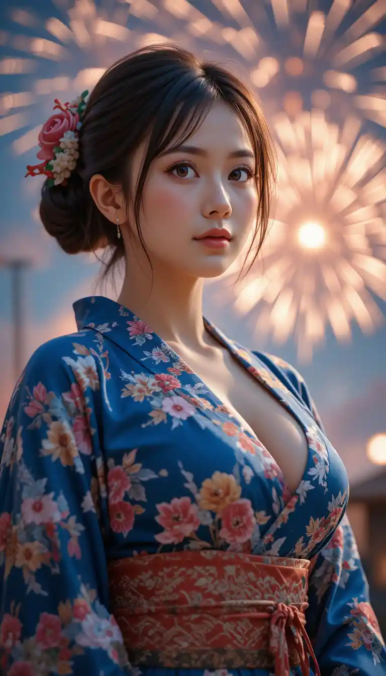 Young woman in yukata pointing at fireworks in night sky