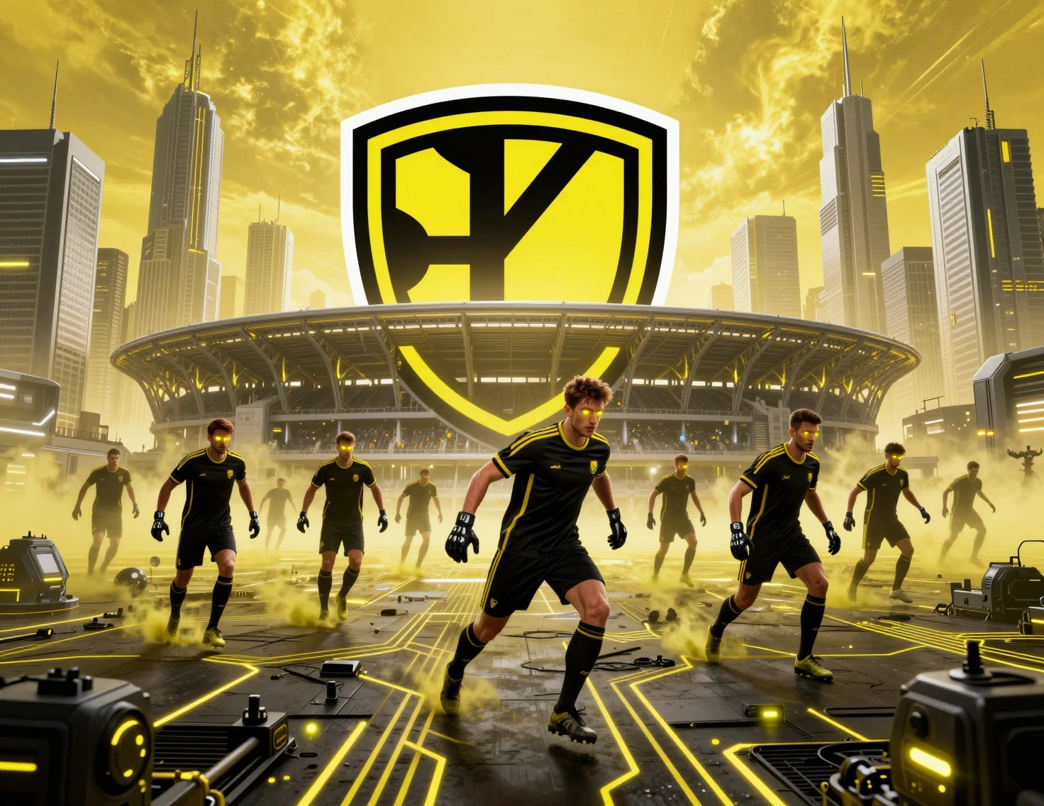 Futuristic Soccer Stadium Logo With Neon Armored Players