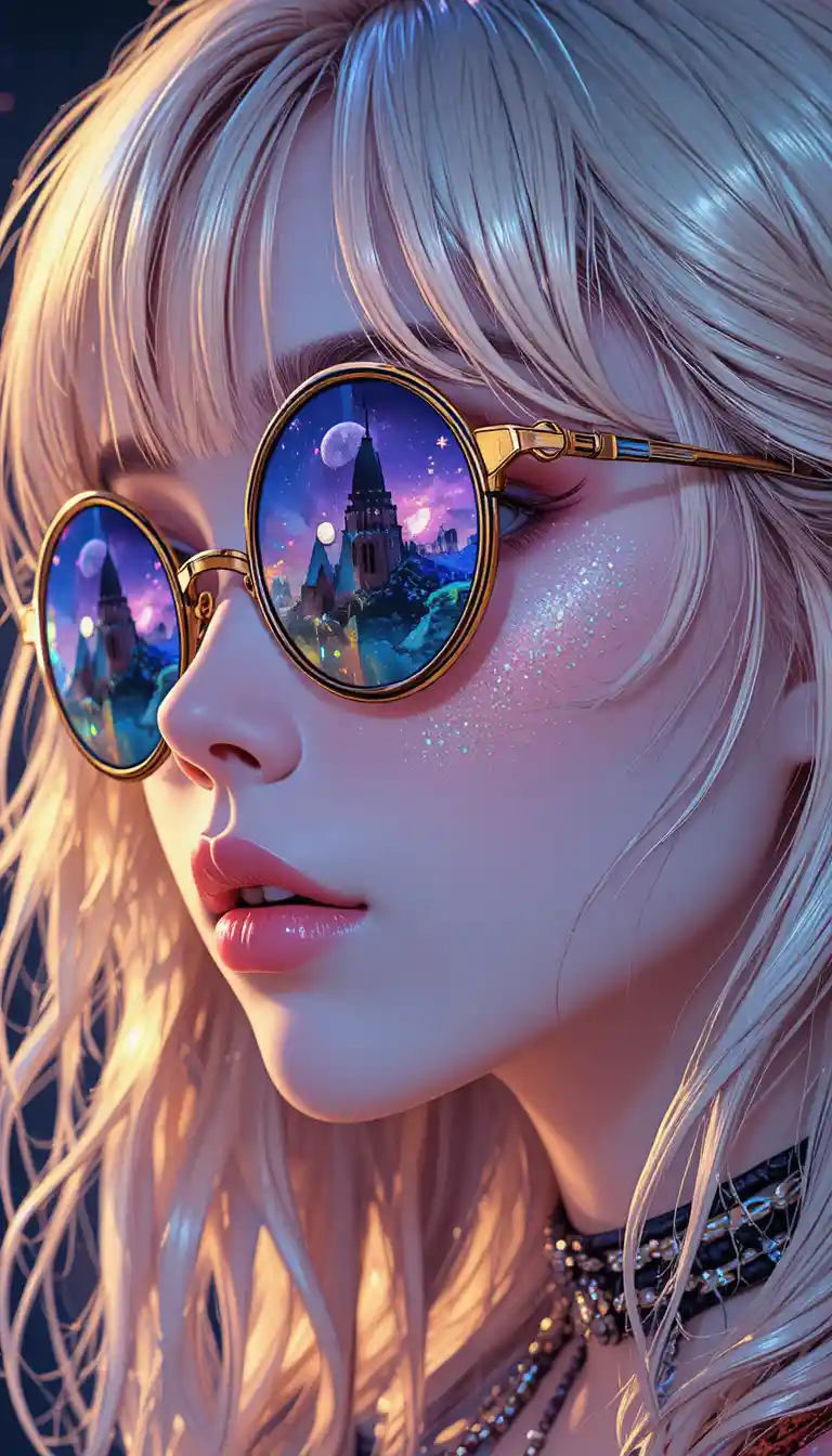 Anime girl close up with star sunglasses and neon colors