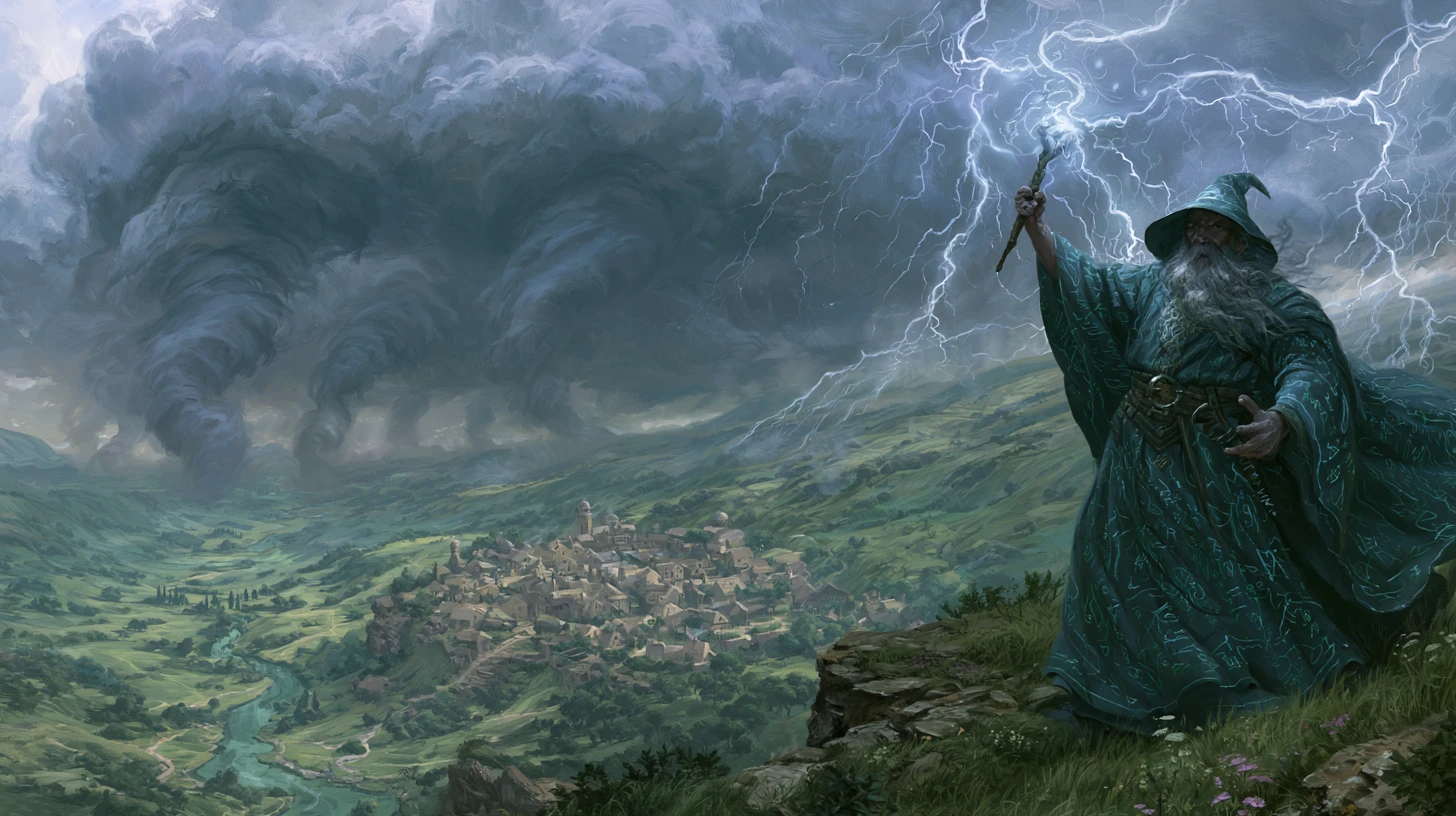Evil wizard summoning a storm above a distant valley
