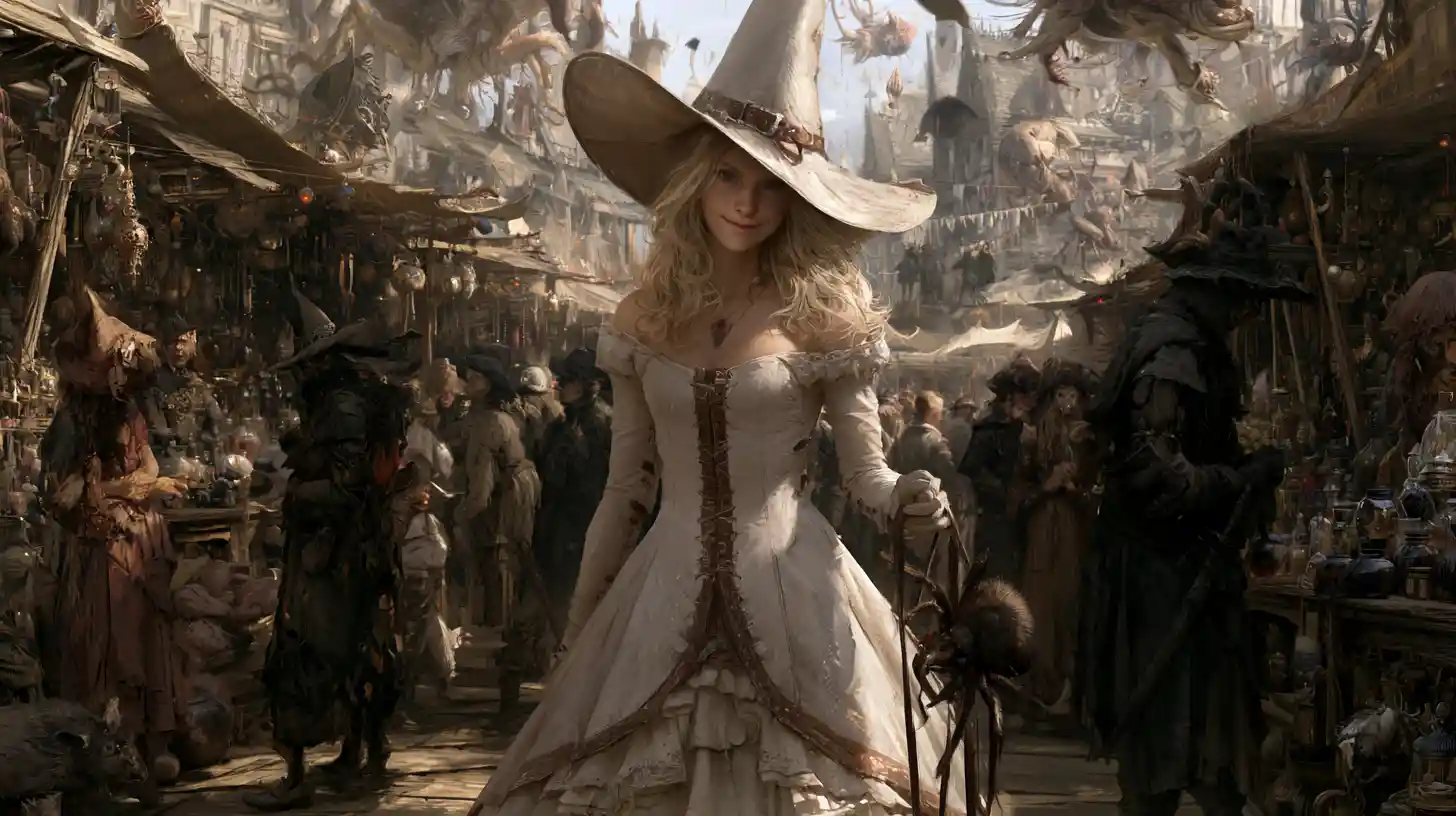 Elegant white witch walking through a crowded magic market