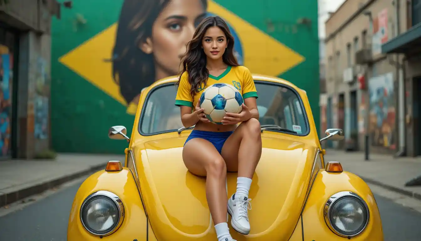 Confident woman on vintage Brazilian beetle with soccer ball