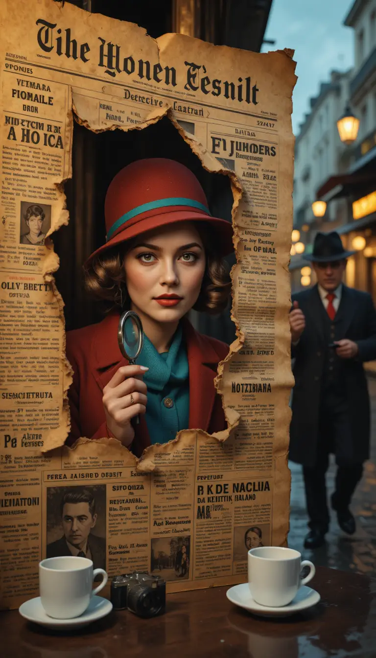 Detective femenina espiando a través de un periódico rasgado en el París vintage