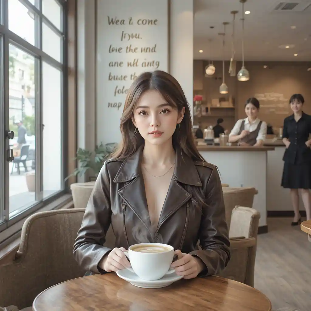 Girl in brown dress relaxing in a cozy coffee shop