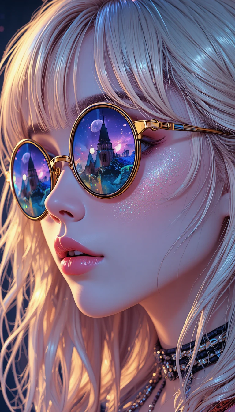 Anime girl close up with star sunglasses and neon colors