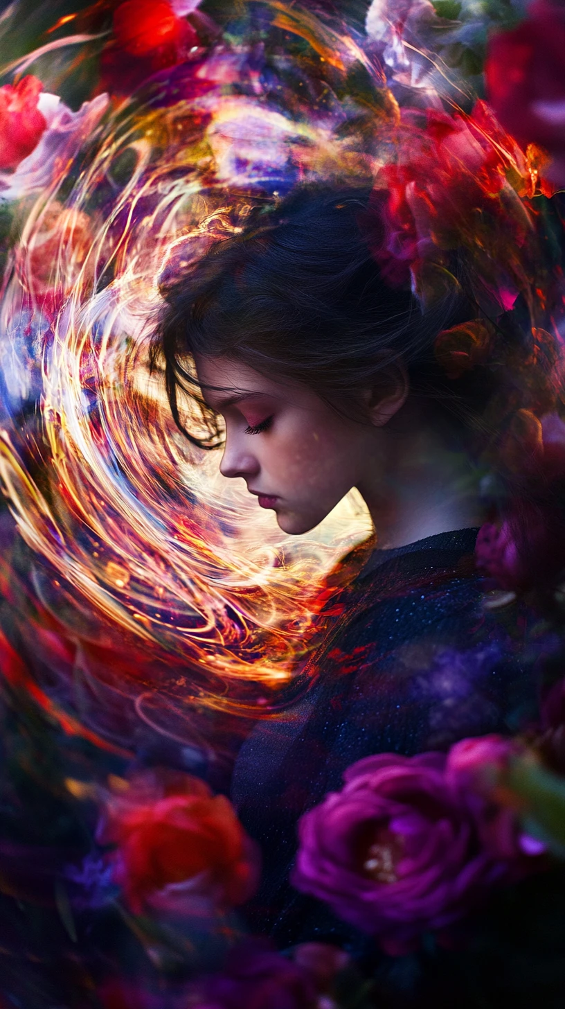 Surreal girl portrait emerging from vivid blooming flowers