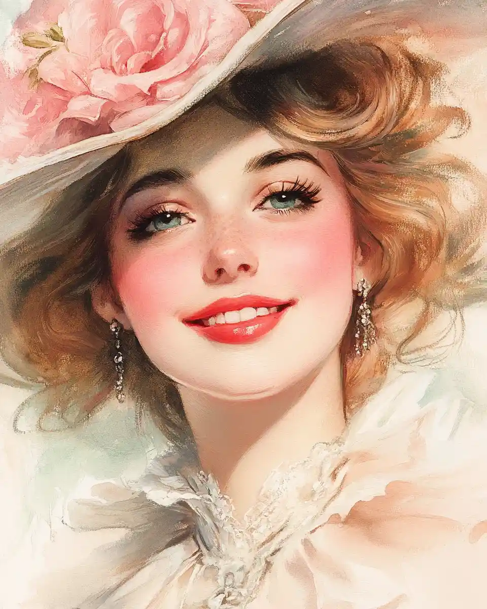 Romantic close up of an elegant woman in a wide hat