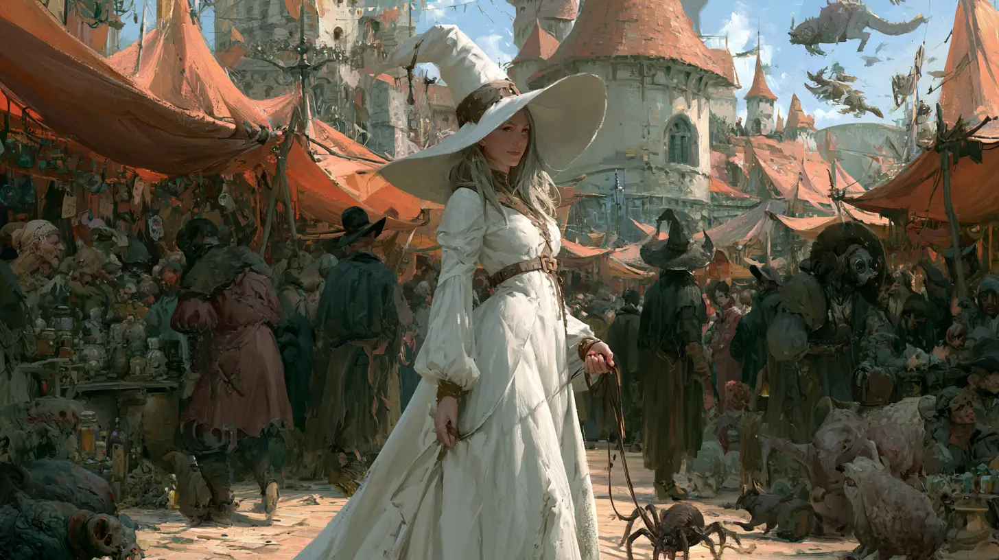 Elegant white witch walking through a bustling market