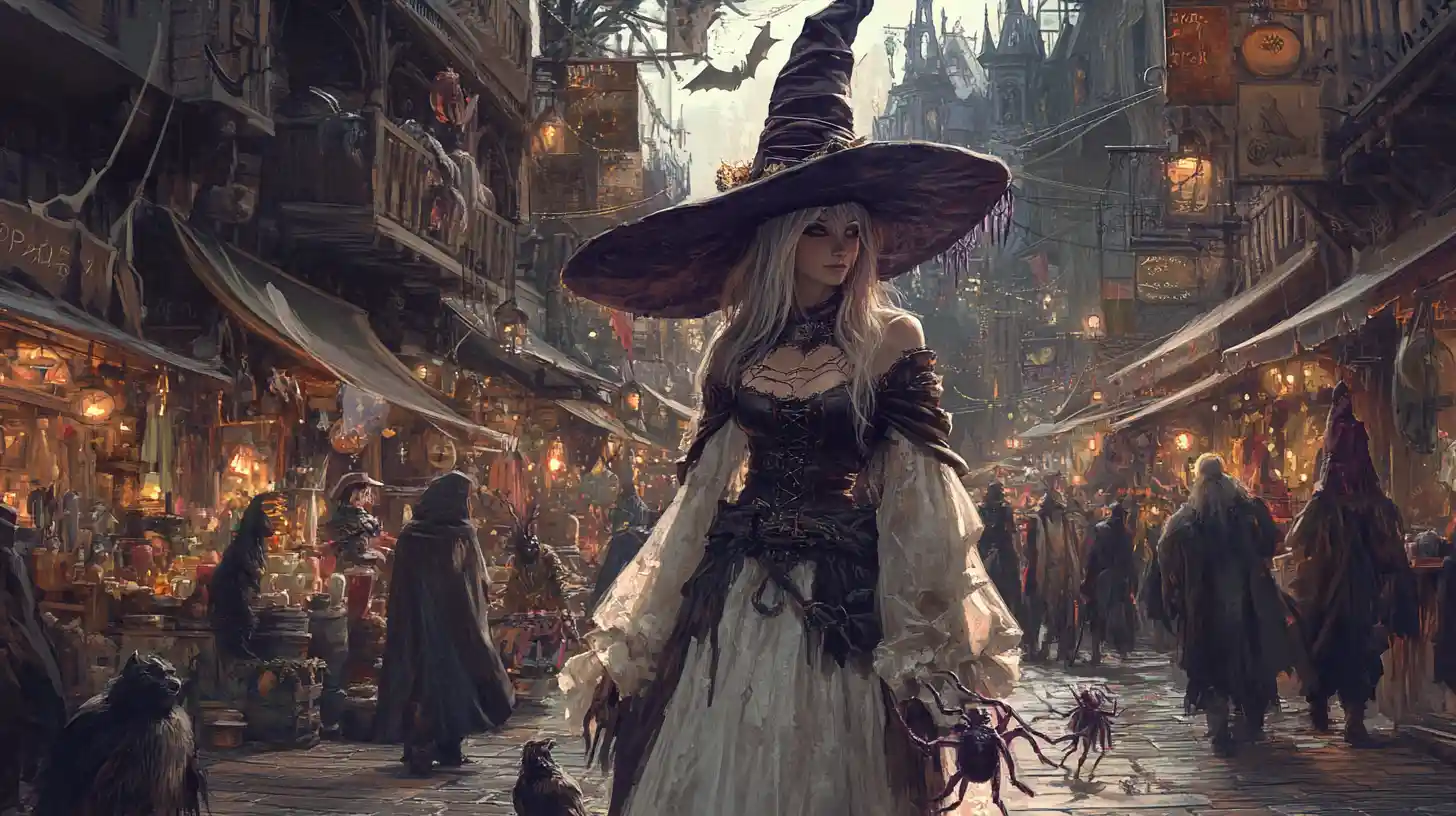 Tall white witch walking through a busy magic market