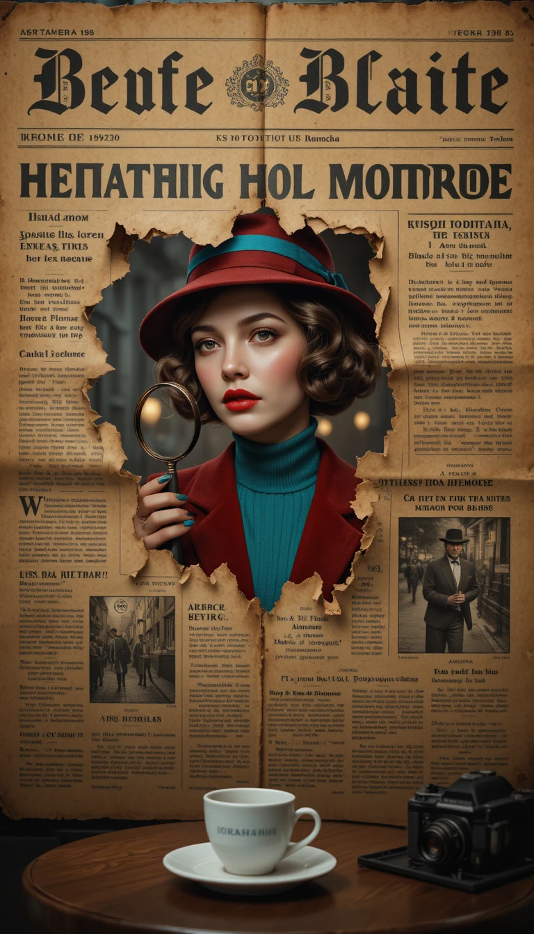 Female detective peering through torn russian newspaper in paris