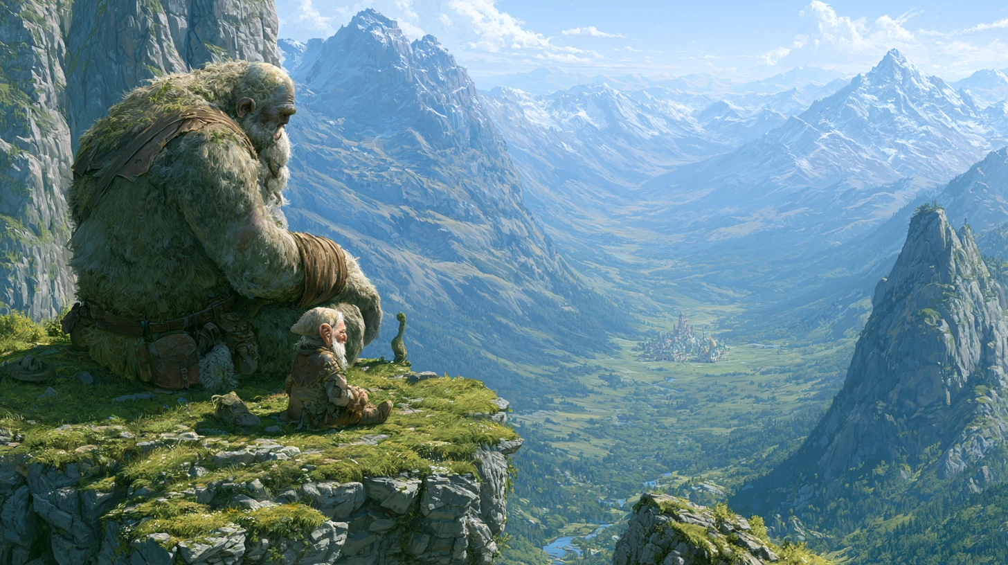 Giant and gnome resting atop a mountain above a vast valley