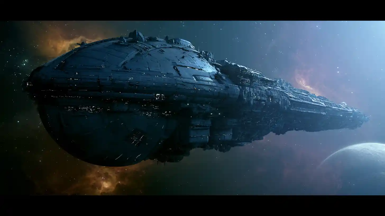 Massive Futuristic Spaceship Approaching A Distant Planet