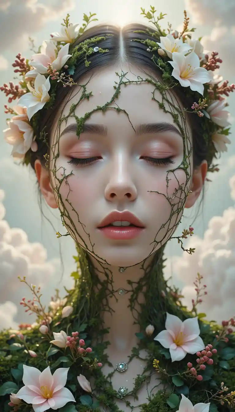 Surreal moss covered woman with closed eyes and flowers