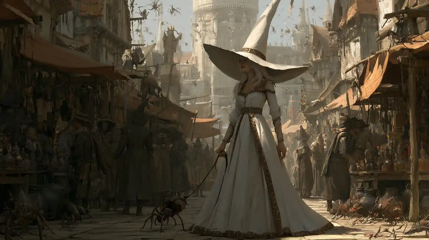 Tall white witch walking through a crowded magic market
