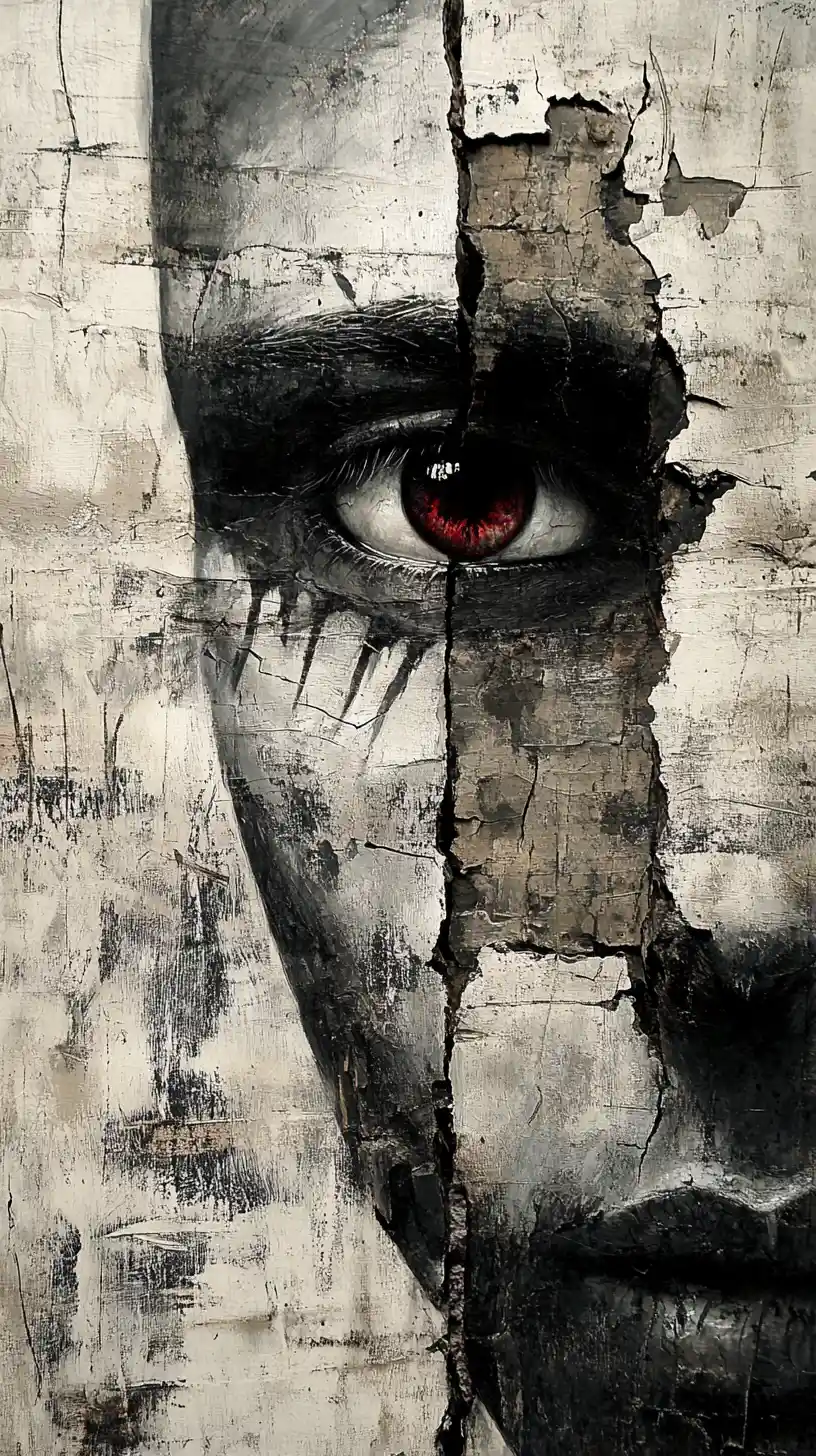 Fragmented monochrome face with one distant introspective eye
