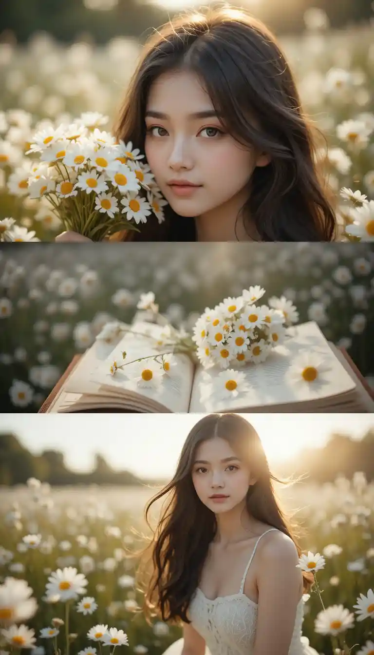 Young woman with daisies in soft golden hour portrait
