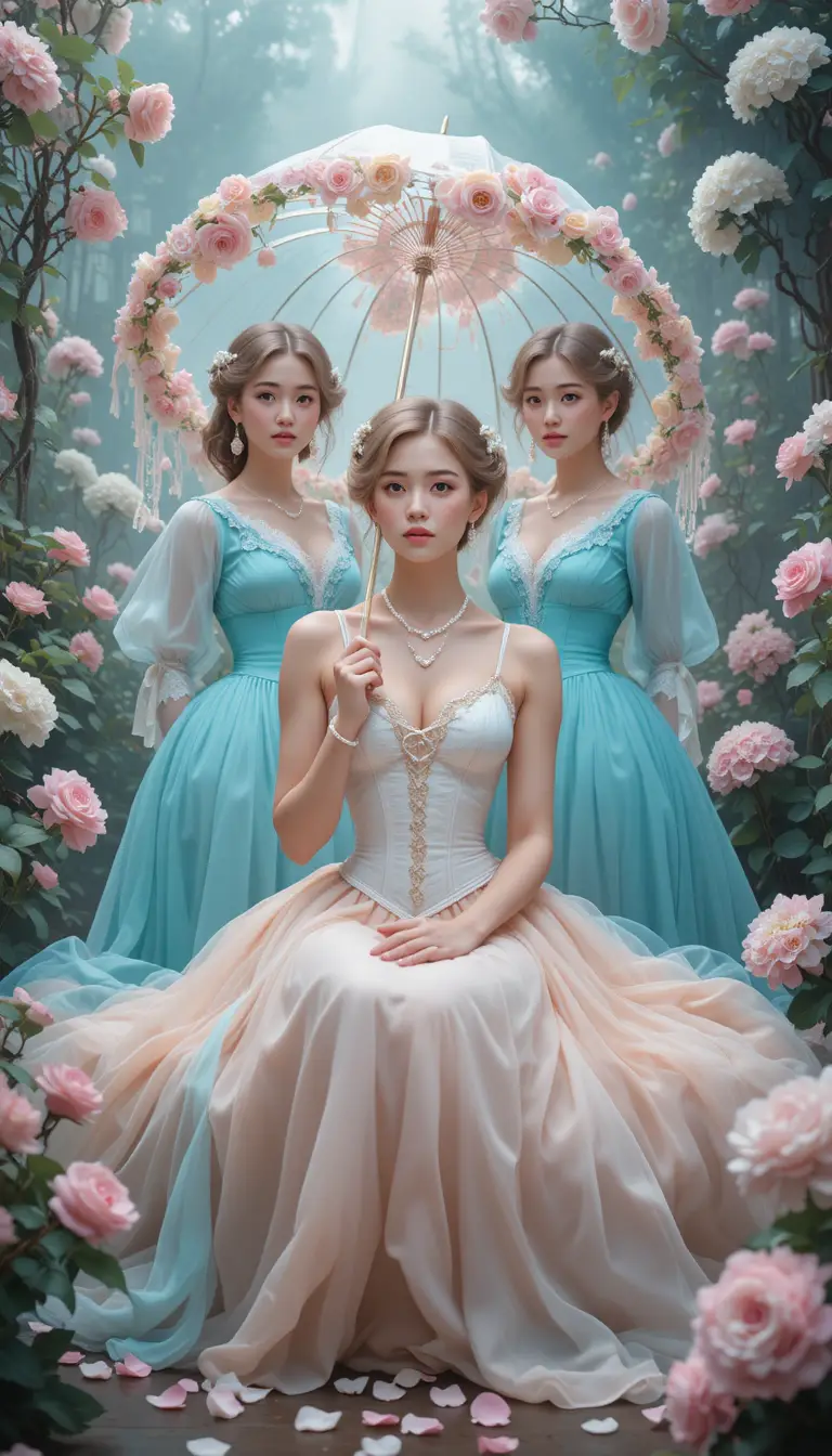 로맨틱한 꽃 정원 속 우산을 든 발레리나