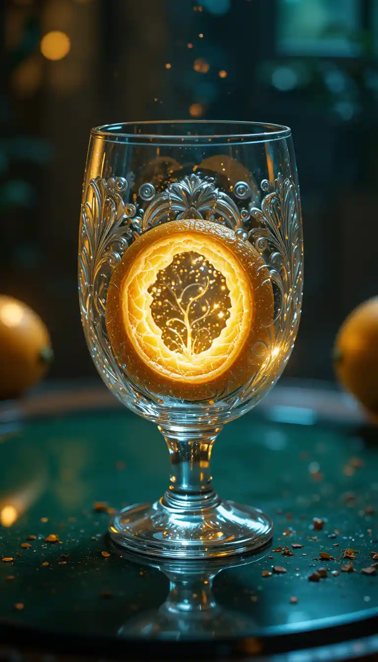 Crystal goblet on green table under soft dramatic light