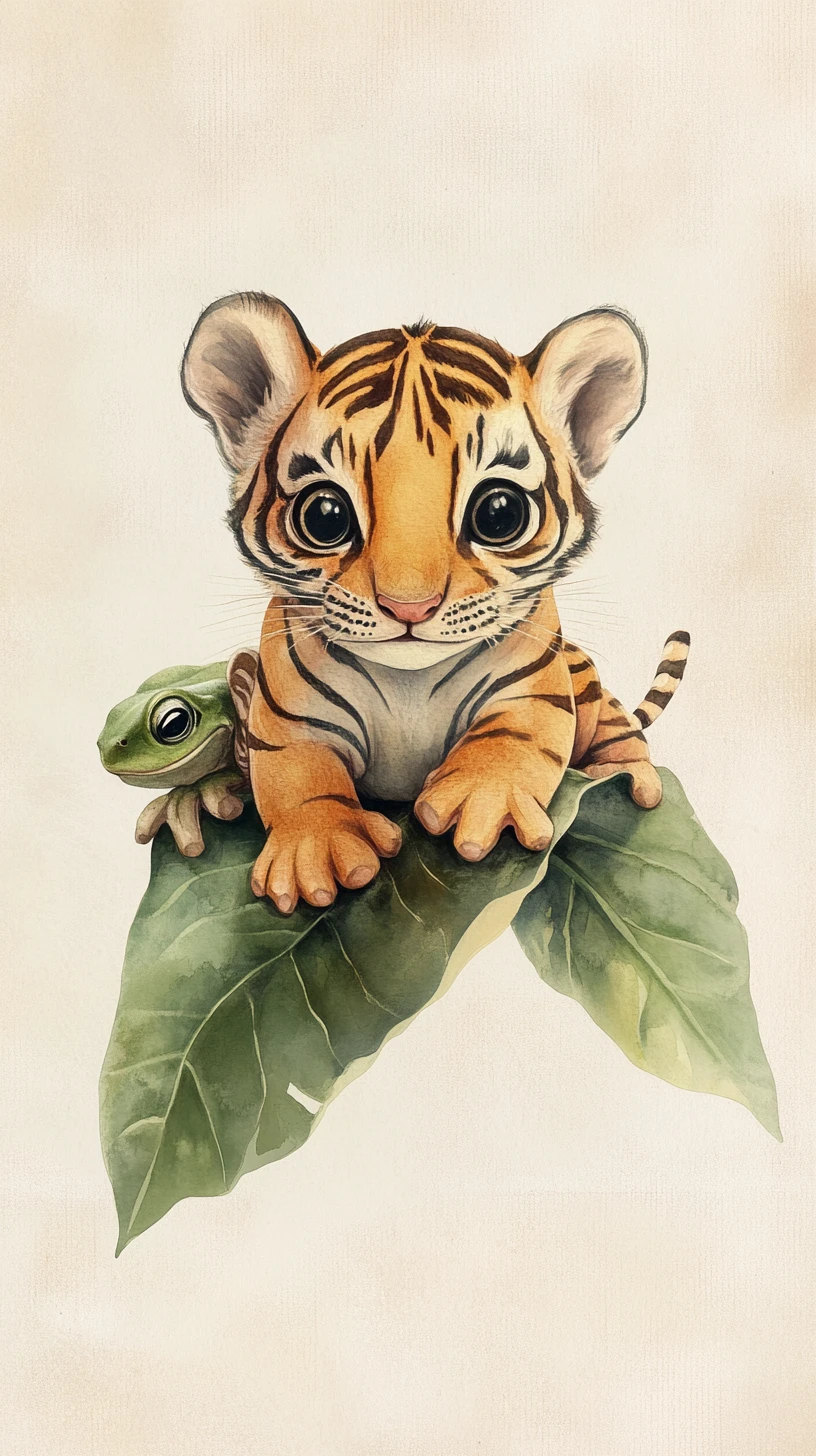 Cute baby tiger frog hybrid resting on a green leaf