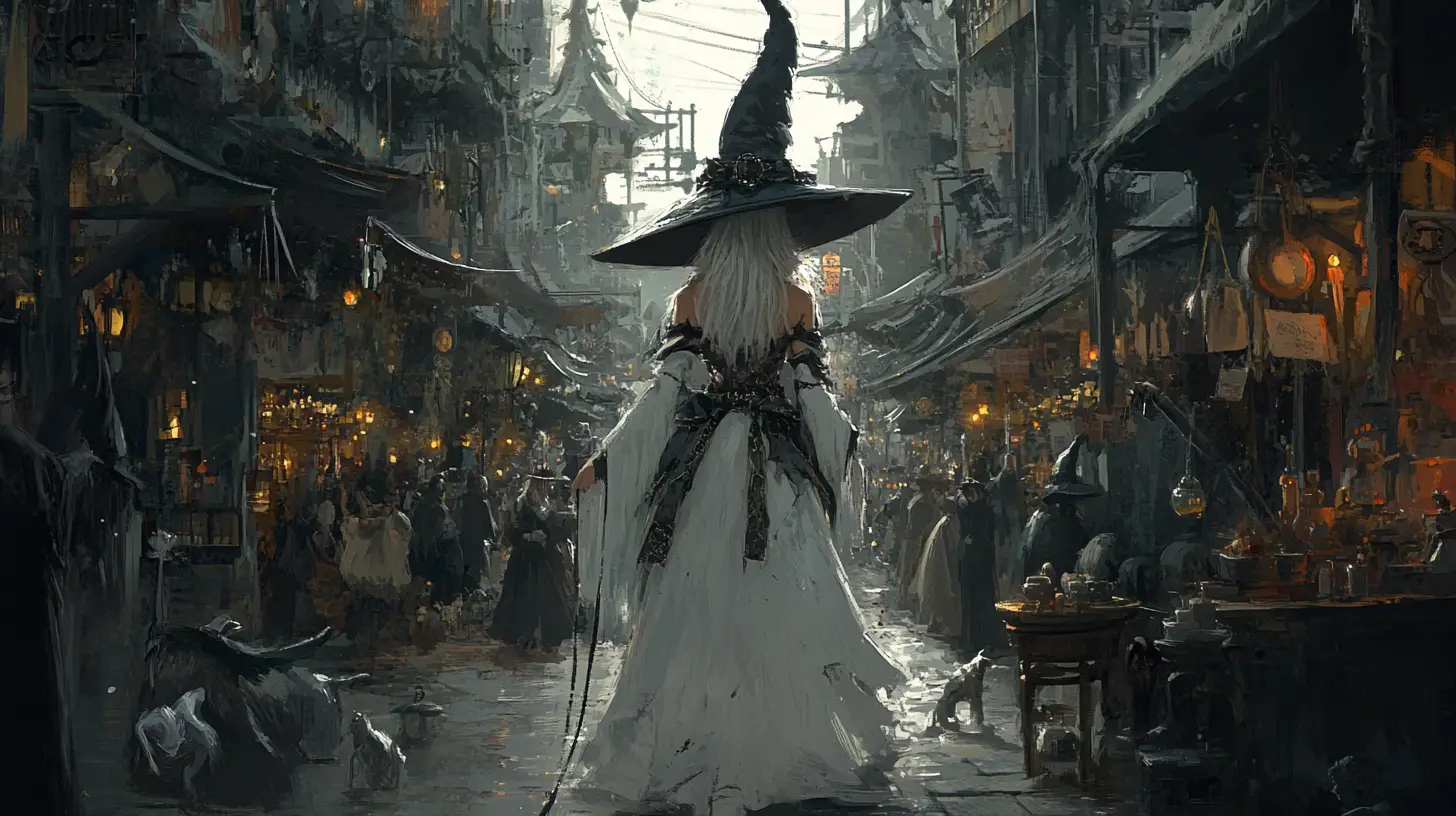 Tall white witch walking through a crowded market