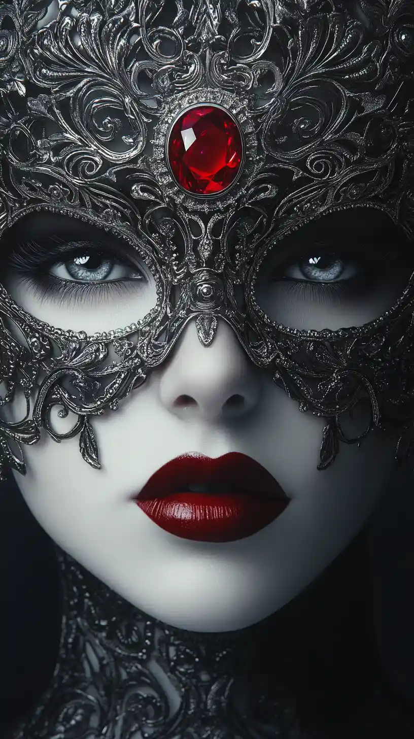 Surreale Frau mit biomechanischer Gothic-Maske und rotem Edelstein