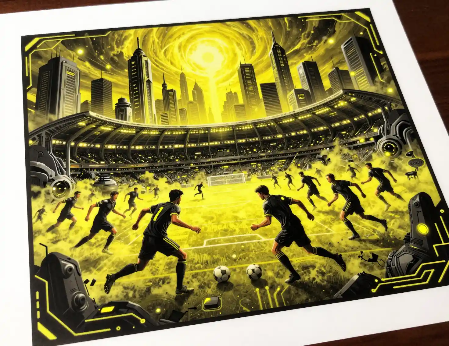 Futuristic Soccer Players In Neon City Stadium Tattoo Art