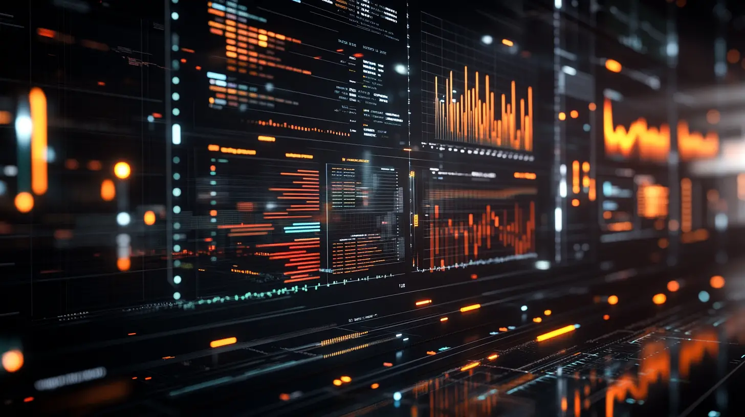 Abstract glass panels with colorful data visualizations