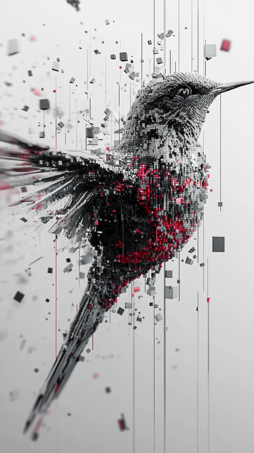 Architectural bird formed from grayscale structures and color voxels