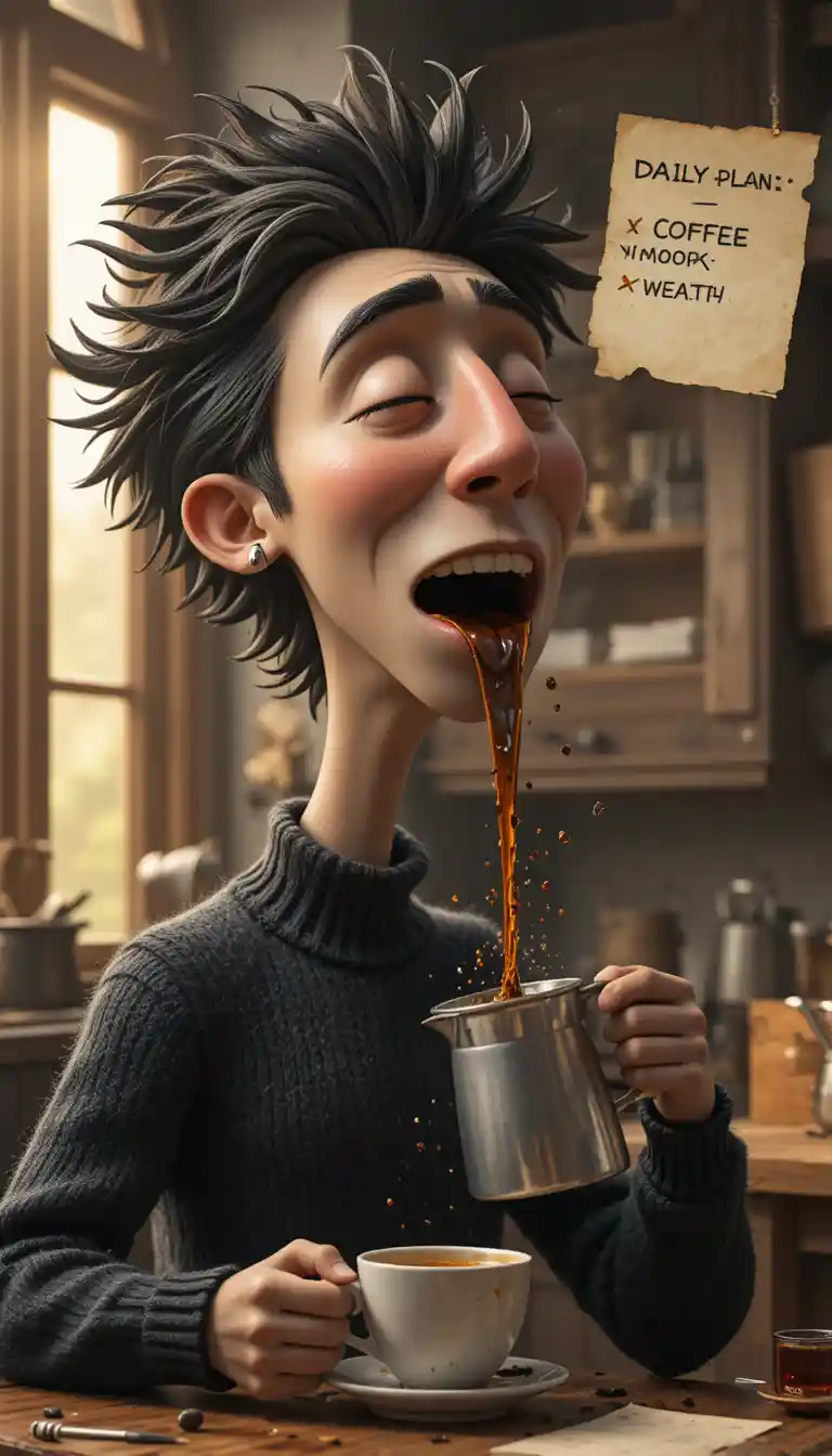 Sleepy man pouring coffee straight from moka pot