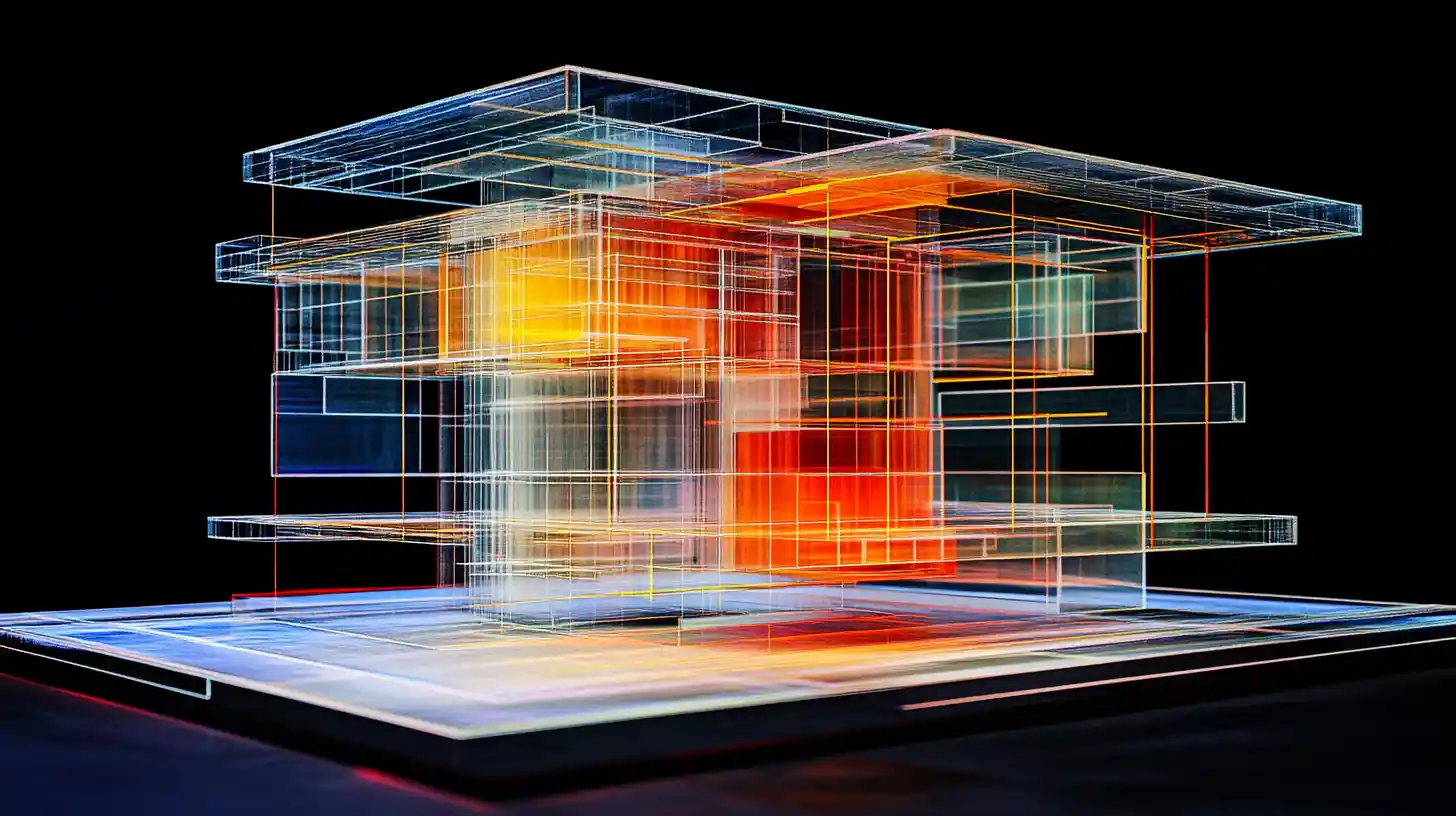 Geometric architectural grid emerging from deep blue darkness